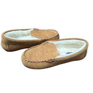 Lands' End Tan Suede Moccasin Slippers With Faux Shearling Lining Women's Size 5